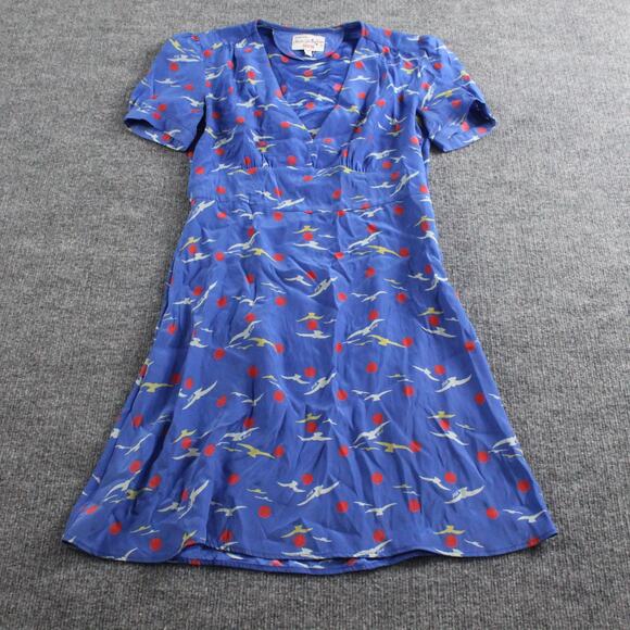 HVN Dress Women 4 Morgan Silk Mini Blue Bird Print Seagull Seaside Coastal Retro - Picture 1 of 10